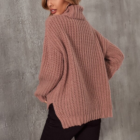 Cozy Dark Pink Oversized Turtleneck Loose Knit Sweater Top - Picture 3 of 4